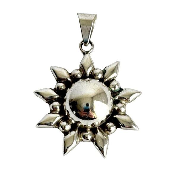 Sterling Silver Sun Pendant Necklace Vintage Mexico CII 925 Sunburst Statement - Picture 1 of 8